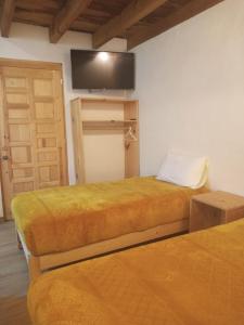 バジェ・デ・ブラボにあるHotel San Carlosのベッドルーム1室(ベッド2台付)、ドア1室(テレビ付)