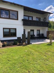 a large white house with a lawn in front of it at Eifelhaus LandLuft mit Infrarotkabine in Berlingen