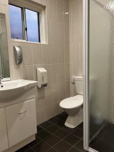 a bathroom with a toilet and a sink and a shower at Augusta Courtyard Motel in Port Augusta