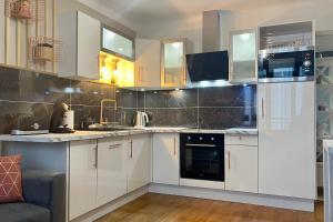 a kitchen with white cabinets and black appliances at Les Mulots - Apartment T3 of 56 sqm in Annecy