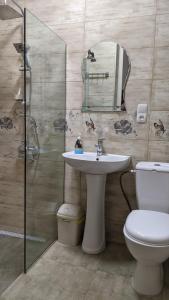 a bathroom with a sink and a toilet and a mirror at Apartment Sunrise in Sighnaghi