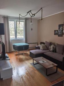 a living room with a couch and a table at FOKA SPA APARTMANI 30 m from Junior in Brzeće