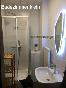 Un baño blanco con ducha y lavabo. en Ferienwohnung RIENA, en Riesa