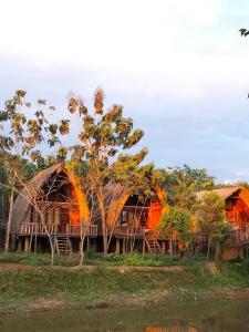 a group of houses with trees in front of a body of water at Rice straw Green lodge- resort in Quan Tom