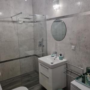 a bathroom with a shower and a sink and a mirror at Apartament Skarbowa in Leszno +4 photos