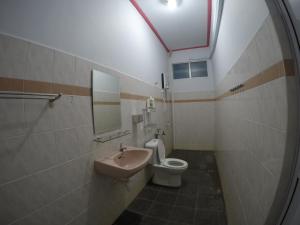 a bathroom with a toilet and a sink and a mirror at Little Blue House Kemaman Guesthouse in Cukai