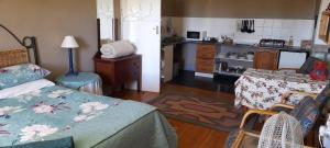 a living room with a bed and a kitchen at Migdal Oz aka Rufpatch in Smithfield