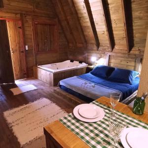 a bedroom with a bed and a bath tub at Pousada Chalé Suiço Bombinhas in Bombinhas