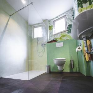 a bathroom with a glass shower and a toilet at Appartement E3 in Wasserburg am Inn