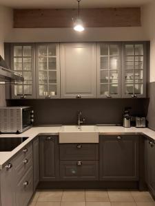 a kitchen with gray cabinets and a white sink at Crystal House in Cavalese