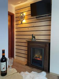 a bottle of wine sitting next to a fireplace at Willa Omega in Zakopane