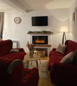 a living room with red couches and a fireplace at Apartment '84 in Pale
