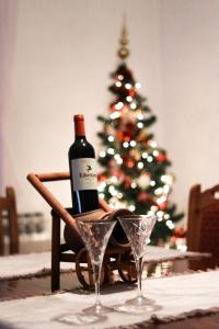 a bottle of wine on a table with a christmas tree at Apartment '84 in Pale
