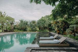 a swimming pool with two lounge chairs next to it at Wana Karsa Ubud Hotel in Ubud
