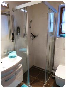 ein Badezimmer mit Dusche, Waschbecken und Toilette in der Unterkunft Fewo Ellen in Schönau am Königssee