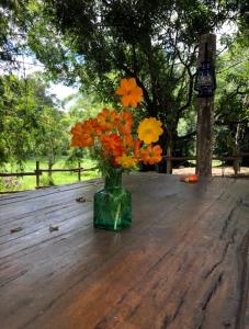 un vaso pieno di fiori arancioni e gialli su un tavolo di legno di Vivenda dos Guaranys: casa + loft a Conservatória