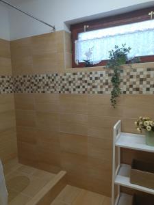 ハイドゥソボスローにあるBazsi Apartmanのバスルーム(シャワー、木製タイル付)