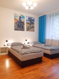 ジェロナ・グラにあるApartament Bachusikの青いカーテンが備わる客室で、ベッド2台が付いています。
