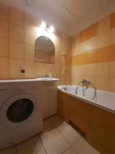 ein Badezimmer mit einer Waschmaschine und einer Badewanne in der Unterkunft Apartament Bachusik in Zielona Góra