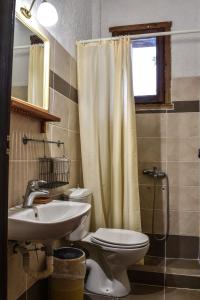 a bathroom with a toilet and a sink and a shower at Hotel Polydrosos in Polydrossos