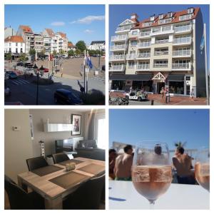 eine Collage mit Bildern eines Gebäudes und einem Glas Wein in der Unterkunft Mainstreet Knokke in Knokke-Heist