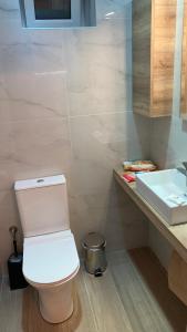 Chris AKROPOLI في أثينا: حمام به مرحاض أبيض ومغسلة