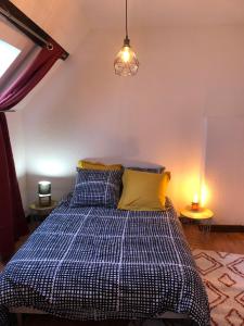 a bedroom with a bed with blue and yellow pillows at Gîte à la ferme chaleureux avec cheminée in Préveranges