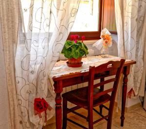 a table with a plant and a window with curtains at La Piana degli Ulivi in Ostuni