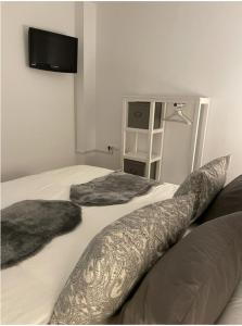 a bedroom with two beds with pillows and a television at Loft Ben A Ocaz in Benaocaz