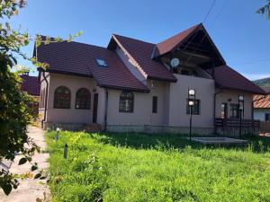 a white house with a brown roof at Casa Sia in Tîrgu Ocna