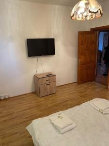 een woonkamer met een flatscreen-tv aan de muur bij Casa Sia in Tîrgu Ocna