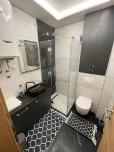 a bathroom with a glass shower and a toilet at Duspara lux apartment Jahorina in Jahorina