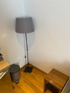 a lamp in the corner of a room with a table at Brzece Apartman 23 in Mramor