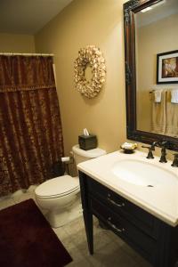 a bathroom with a toilet and a sink and a mirror at Inn at the Old Silk Mill in Fredericksburg