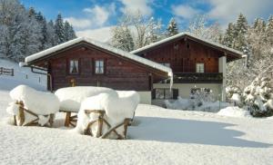 eine Gruppe schneebedeckter Schafe vor einem Haus in der Unterkunft Appartementhaus Zechmeister in Schönau am Königssee