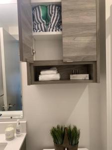 a bathroom with a cabinet with towels and plants at Vita Resort on Lake Okanagan in Vernon