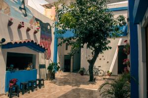 einen Innenhof in einem Gebäude mit einem Baum und Stühlen in der Unterkunft Econunay Hostels in Arequipa