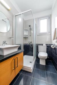 een badkamer met een douche, een toilet en een wastafel bij Blue Pelagos Villa in Protaras