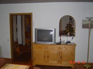 un televisor en un tocador de madera con un árbol de Navidad en Haus-Johanna-2, en Riedlhütte