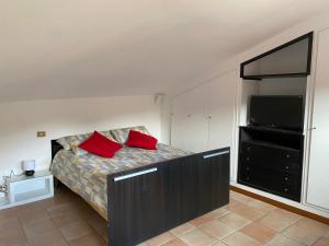 a bedroom with a bed with red pillows and a television at Frascati Roof 2 in Frascati