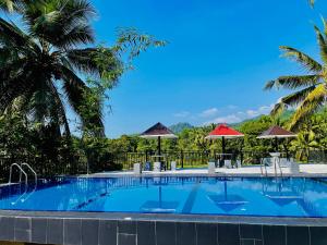 a swimming pool with umbrellas and tables and chairs at Travellers Halt in Ratnapura