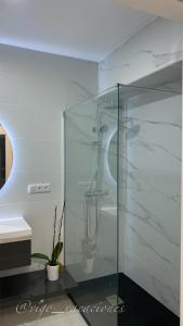 a glass shower in a bathroom with a sink at Espectacular El Pilar8 By VigoVacaciones in Vigo