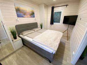1 dormitorio con 1 cama y TV en Naturhaus Meerjungfrau mit Boxspringbetten in ruhiger Lage von Steinhude, en Steinhude