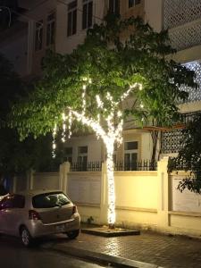 a tree covered in lights in a parking lot at Hoàng Gia Hotel Nhân Hòa in Hanoi