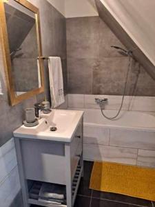 een badkamer met een wastafel, een douche en een bad bij Apartament Stanisława in Zakopane +28 foto's