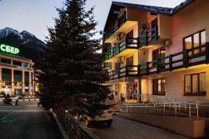 Un árbol de Navidad delante de un edificio en Gala-Alpik Hotel, en Estosadok