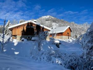 eine Holzhütte im Schnee mit schneebedeckten Bäumen in der Unterkunft Chalet Alpage Proche Genève in Mégevette