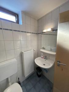 a bathroom with a sink and a toilet and a mirror at Ferienwohnungen Zechmeister in Marktschellenberg