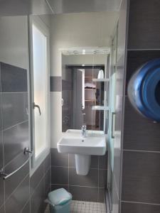 a bathroom with a sink and a shower at Hotel de la Plage in Quinéville