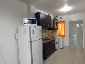 a kitchen with a refrigerator and a microwave on top of it at Departamento Monoambiente Rivadavia in San Juan